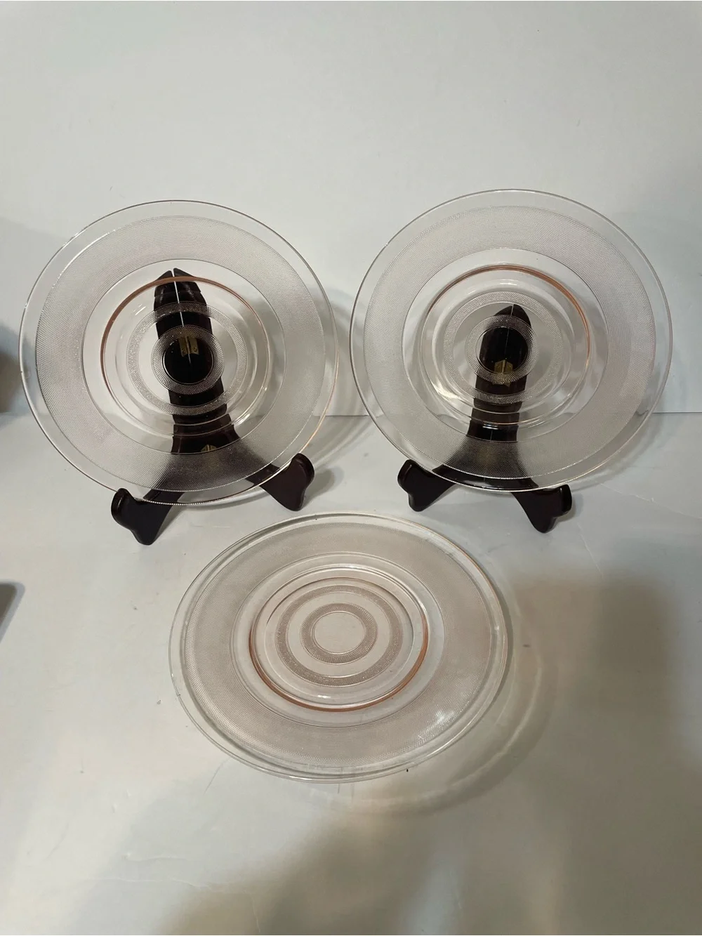Set of 3 Pink Glass Dessert Plates with Rings